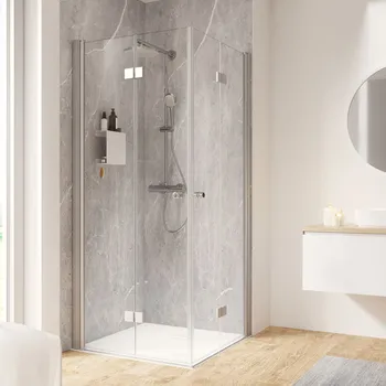 Garant 2.0 - Accès angle avec portes de douche pivotantes pliantes 800x800 mm, 2000 mm, Charnière, Alu argenté, Transparent