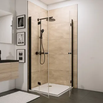 New Style - Accès d'angle avec portes de douche pivotantes pliantes 800x800 mm, 1920 mm, Charnière, Noir mat, Transparent anticalcaire